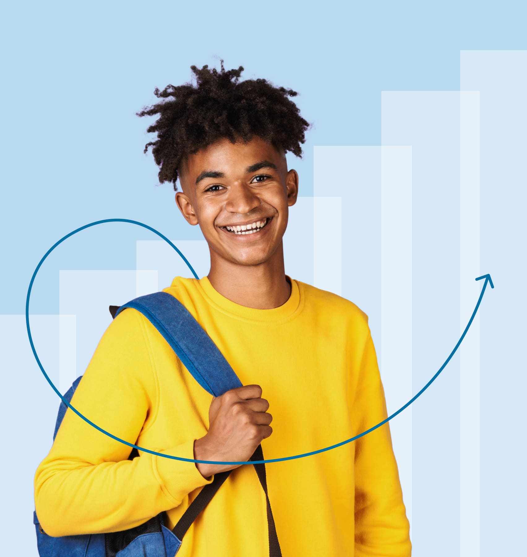 A boy with a serene landscape featuring rolling hills, a clear blue sky, and a tranquil river flowing through the lush greenery.