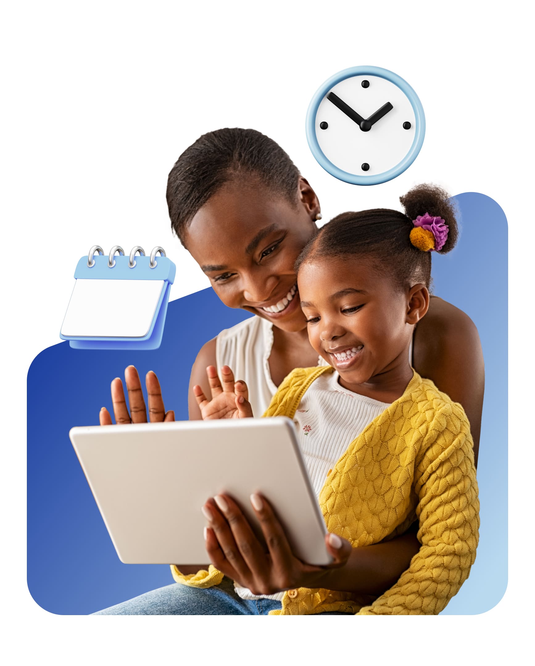 A woman and child engaged with a tablet, with a clock visible in the background, indicating a moment of learning together.