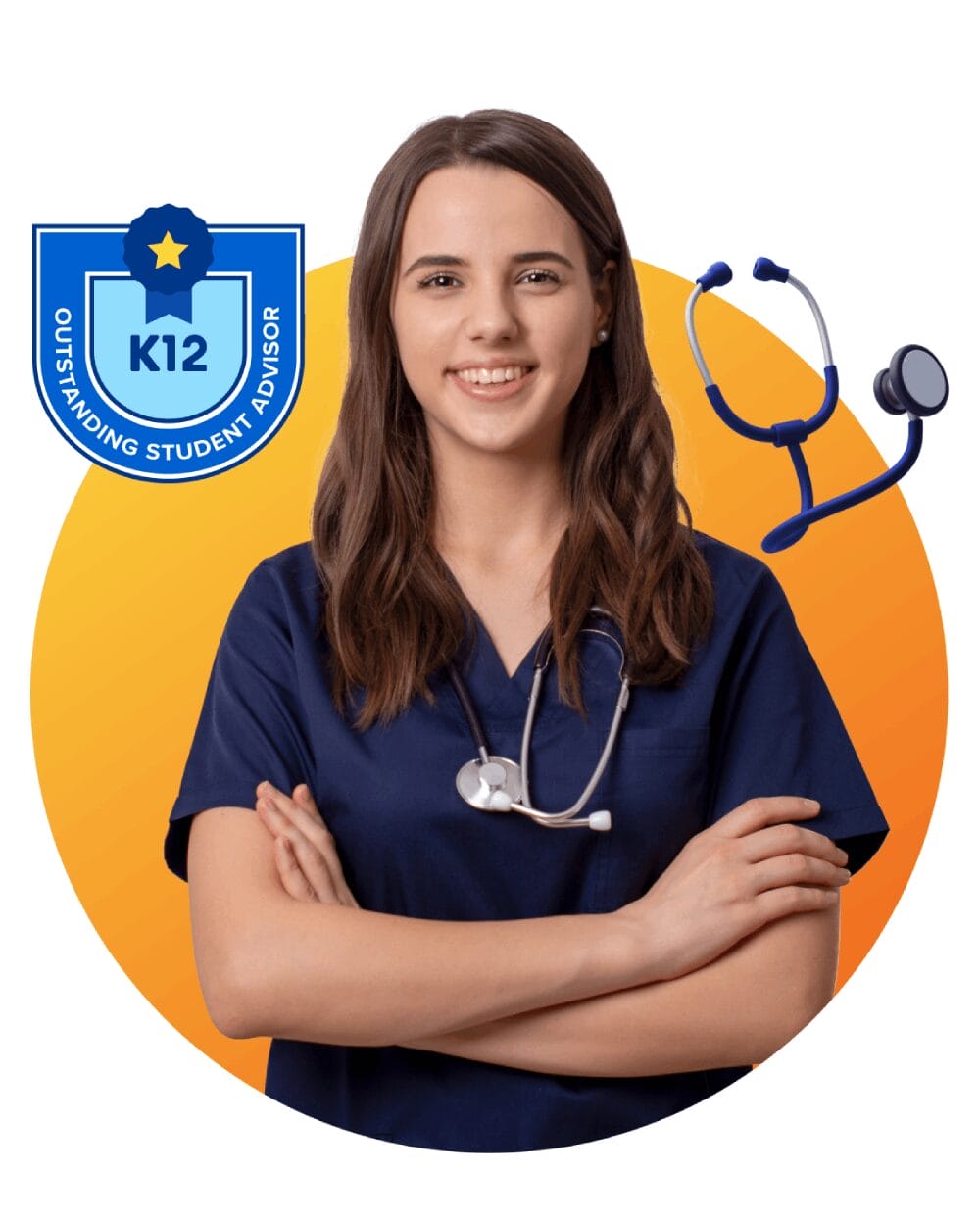 A female nurse with a stethoscope stands confidently against a blue background, embodying professionalism and care.