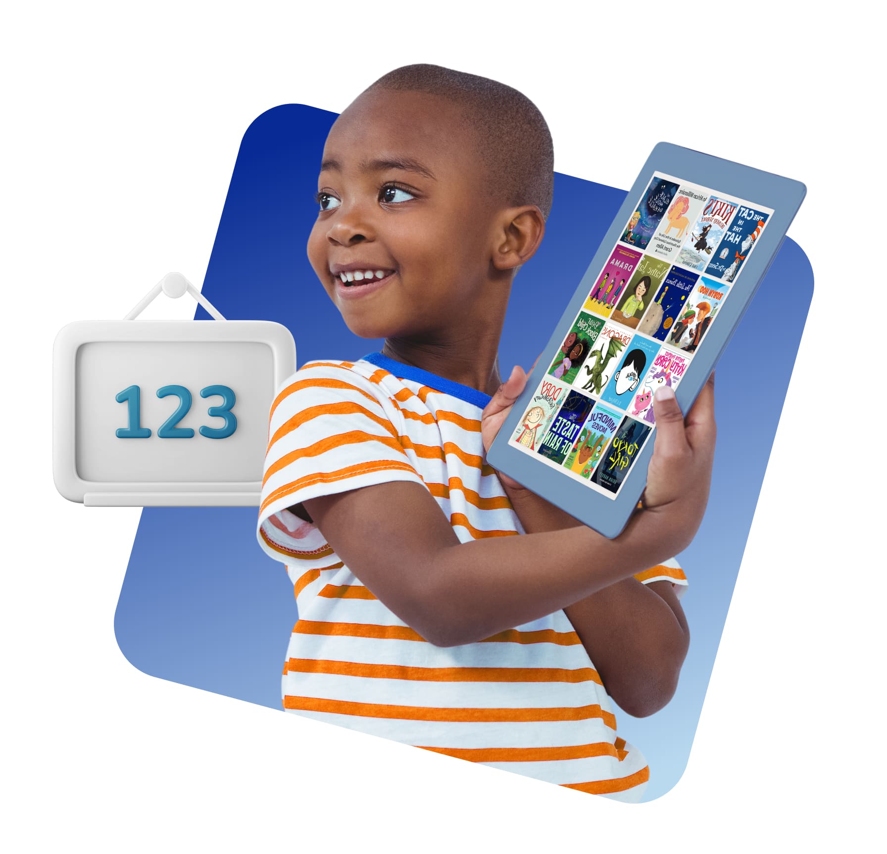 A young boy proudly displays a tablet showing its screen.