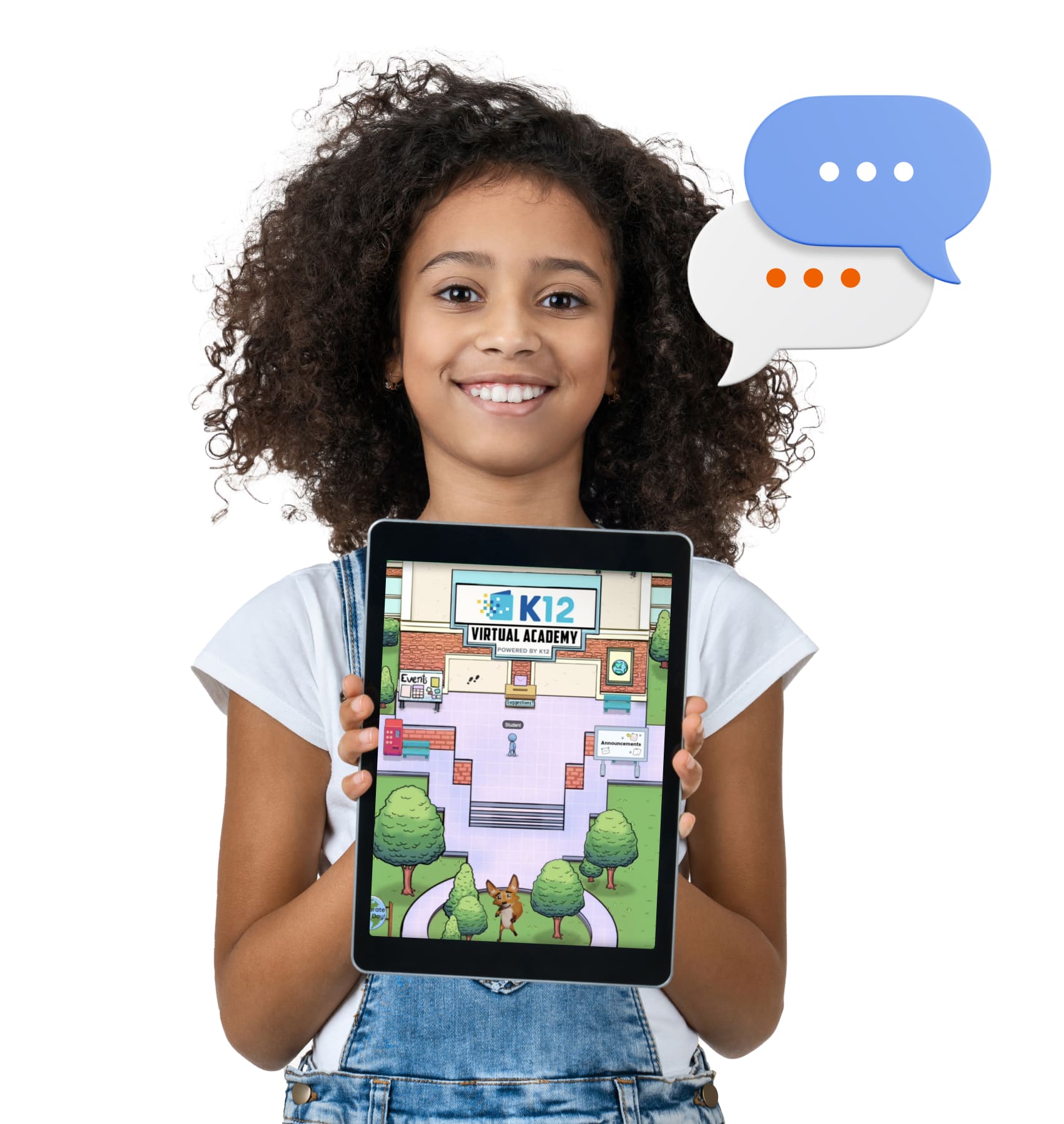 A girl holds a tablet displaying colorful speech bubbles, symbolizing communication and interaction.