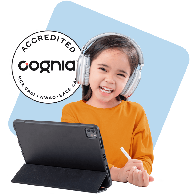 A girl with an iPad Pro featuring a Cognia certification badge, symbolizing quality and educational excellence.