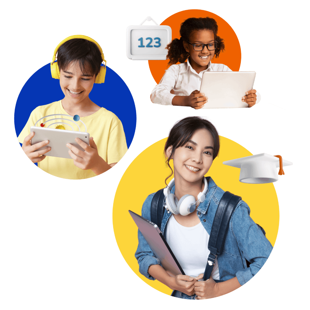 Three children engaged with laptops and books, focused on their studies in a bright, inviting learning environment.