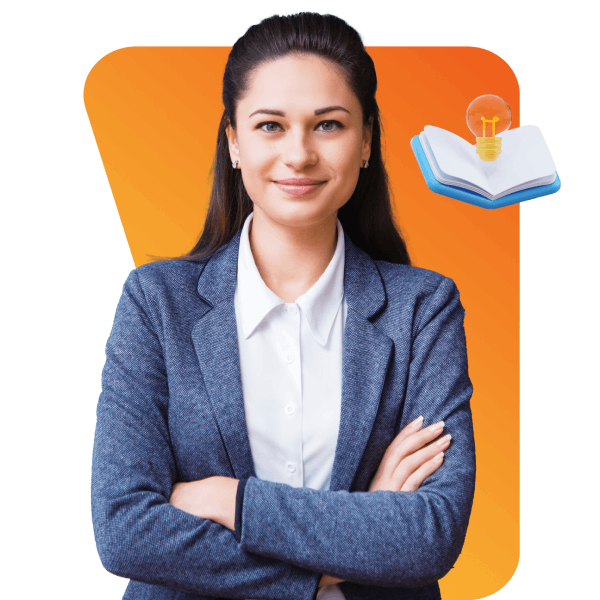 A confident woman in a business suit stands with arms crossed, accompanied by a book icon symbolizing knowledge and professionalism.