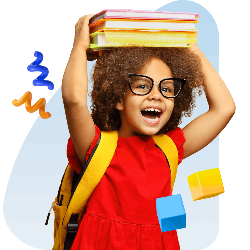A girl wearing glasses and a backpack is holding a stack of books, showcasing her readiness for study or adventure.