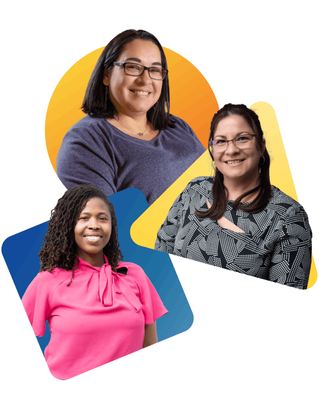 Three women smiling brightly against a vibrant orange and yellow background, exuding joy and positivity.