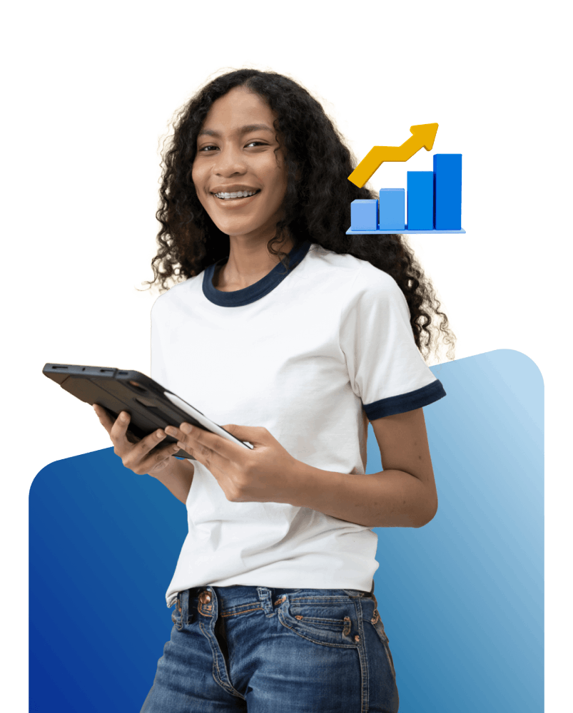 A woman analyzing data on a tablet displaying a bar chart, showcasing her engagement with digital information.