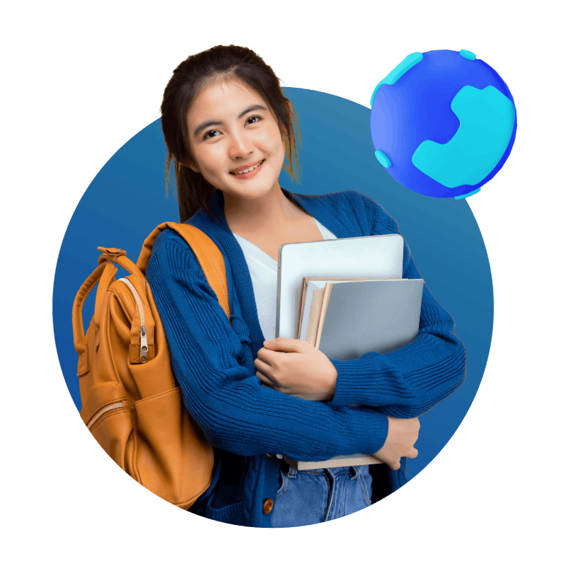A girl with a backpack stands beside a globe, symbolizing adventure and exploration of the world.