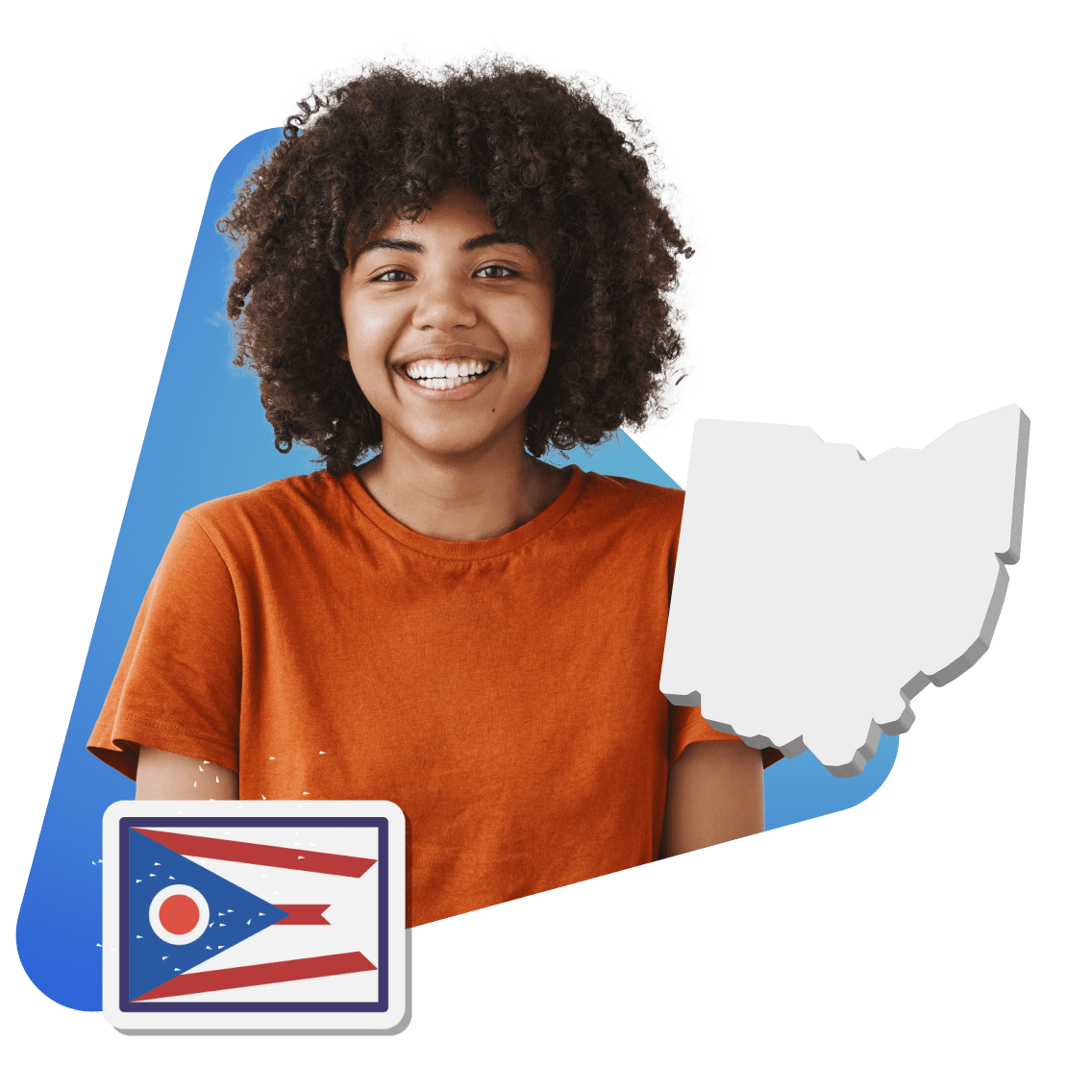A smiling woman stands beside a detailed map of Ohio, showcasing the state's geography and landmarks.