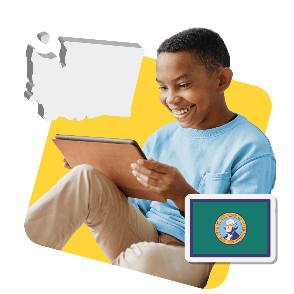 A boy in a blue shirt interacts with a tablet displaying the state of Washington on its screen.