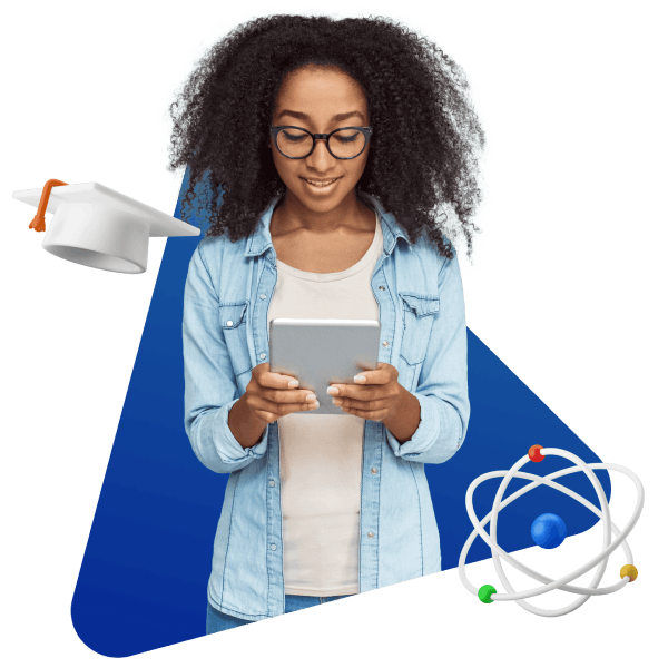 A woman holds a tablet adorned with a graduation cap and science symbol, marking her graduation.