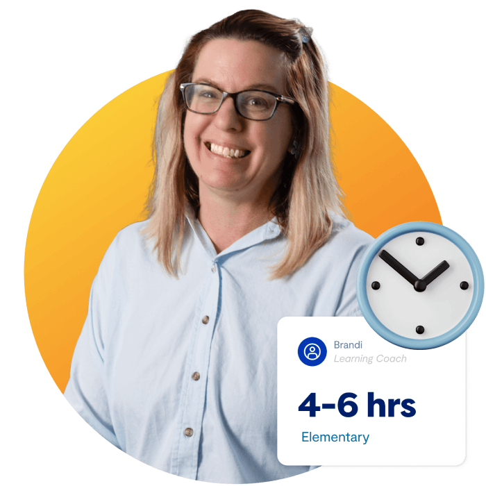 A woman in glasses is next to a clock indicating "4 - 6 hours" suggesting a time-related educational context.