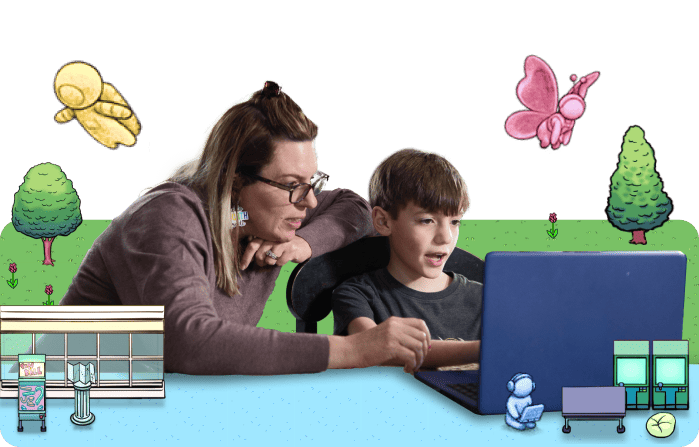 A woman and a child engaged in using a laptop together, sharing a moment of learning and interaction.