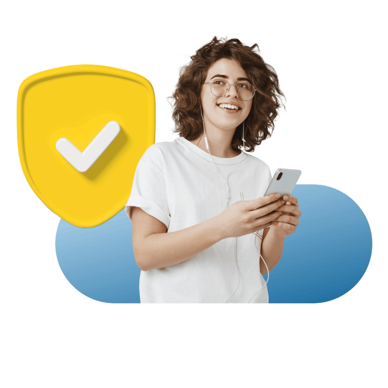 A woman displays a smartphone adorned with a shield and check mark, representing safety and verification in digital communication.